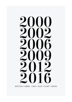 Familietavle - 6 Fødselsår & Navn - Grå (21x29,7 cm (A4))
