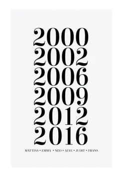 Familietavle - 6 Fødselsår & Navn - Grå (21x29,7 cm (A4))