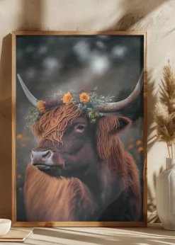 Highland Cow With Flowers Plakat (21x29.7 cm (A4))