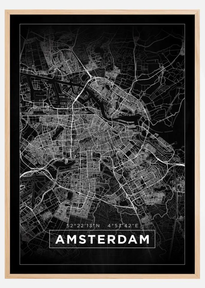 Kort - Amsterdam - Sort Plakat (21x29.7 cm (A4))