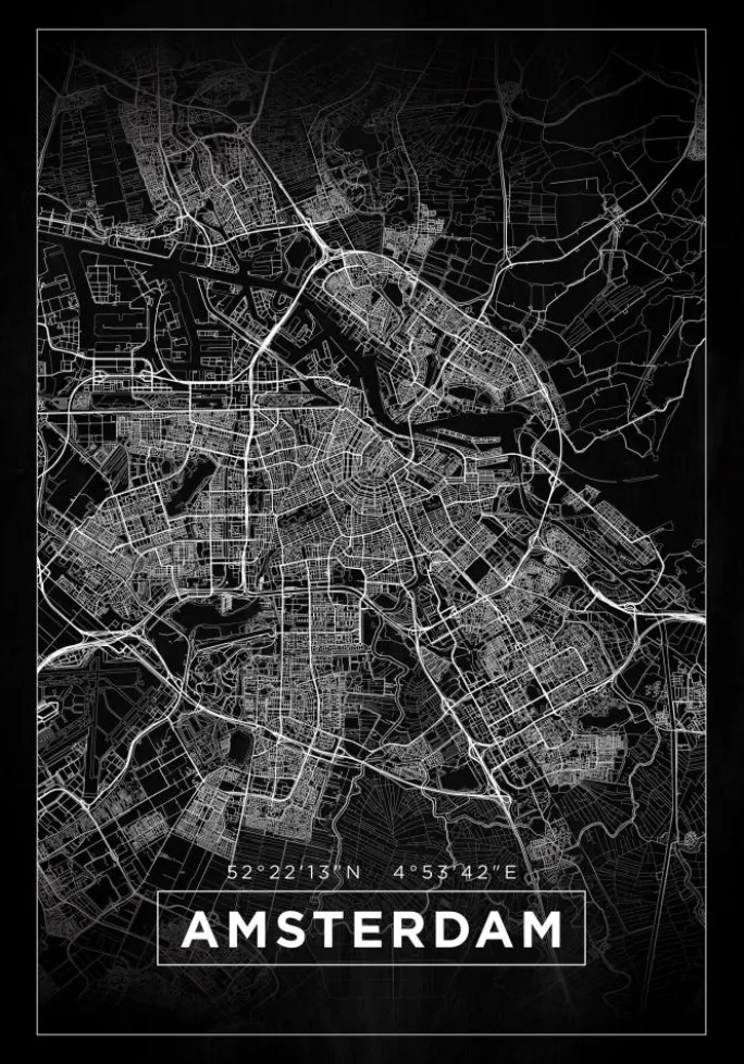 Kort - Amsterdam - Sort Plakat (21x29.7 cm (A4))