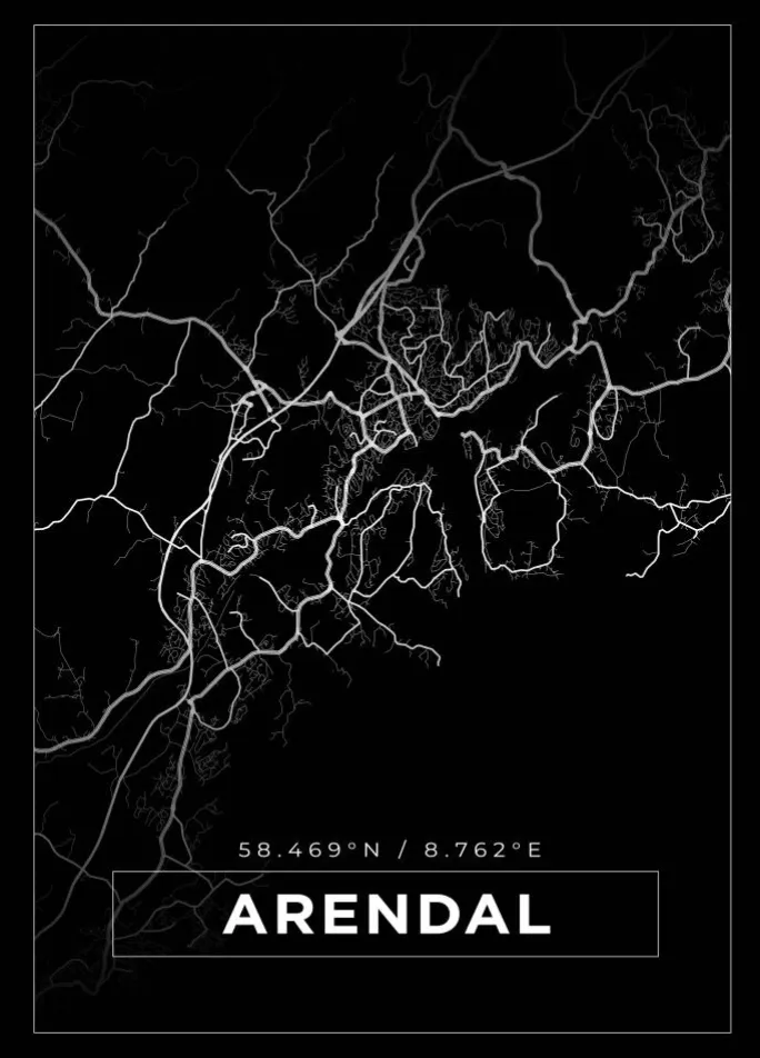 Kort - Arendal - Sort Plakat (21x29.7 cm (A4))
