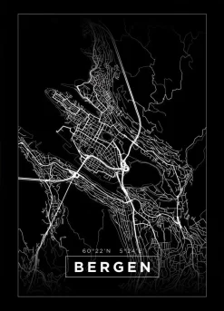 Kort - Bergen - Sort Plakat (21x29.7 cm (A4))