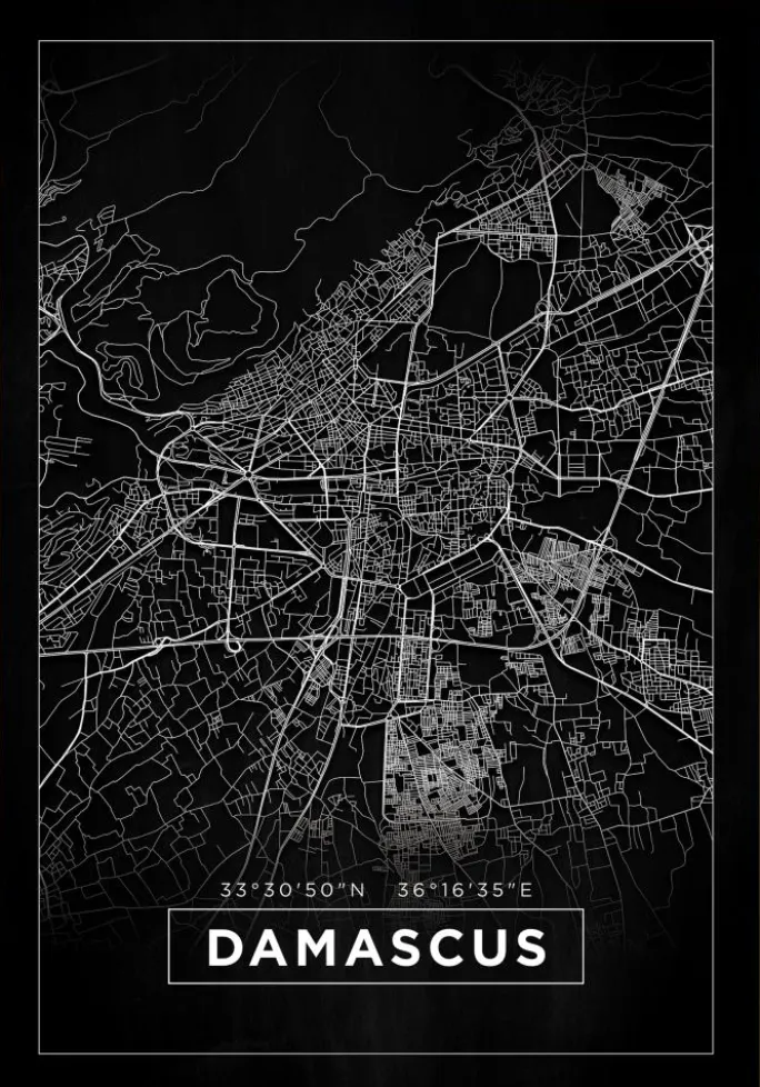 Kort - Damascus - Sort Plakat (21x29.7 cm (A4))