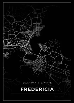 Kort - Fredericia - Sort Plakat (21x29.7 cm (A4))