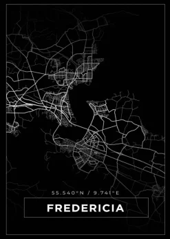 Kort - Fredericia - Sort Plakat (21x29.7 cm (A4))