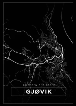 Kort - Gjøvik - Sort Plakat (21x29.7 cm (A4))