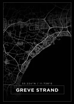 Kort - Greve Strand - Sort Plakat (21x29.7 cm (A4))