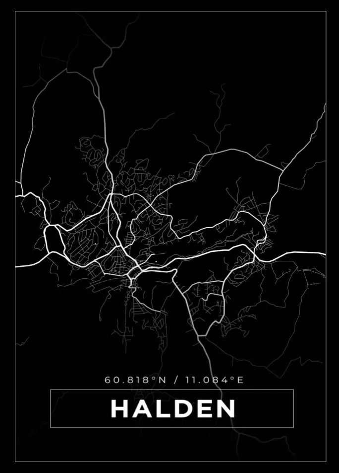 Kort - Halden - Sort Plakat (21x29.7 cm (A4))