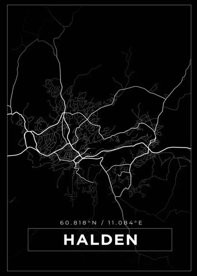 Kort - Halden - Sort Plakat (21x29.7 cm (A4))
