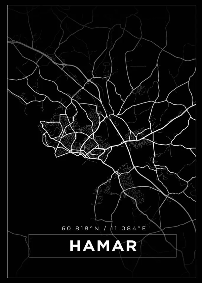 Kort - Hamar - Sort Plakat (21x29.7 cm (A4))