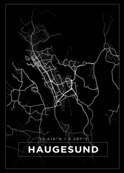 Kort - Haugesund - Sort Plakat (21x29.7 cm (A4))