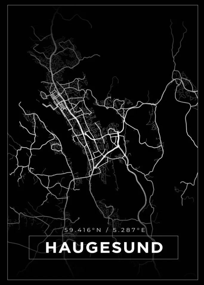 Kort - Haugesund - Sort Plakat (21x29.7 cm (A4))