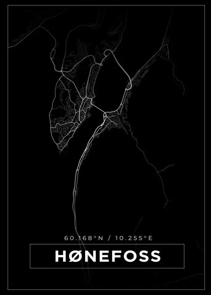 Kort - Hønefoss - Sort Plakat (21x29.7 cm (A4))