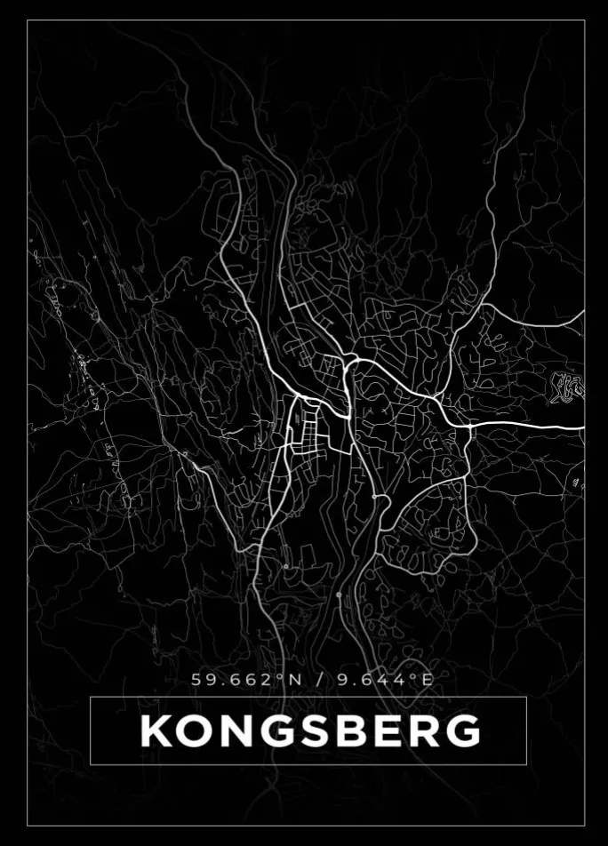 Kort - Kongsberg - Sort Plakat (21x29.7 cm (A4))