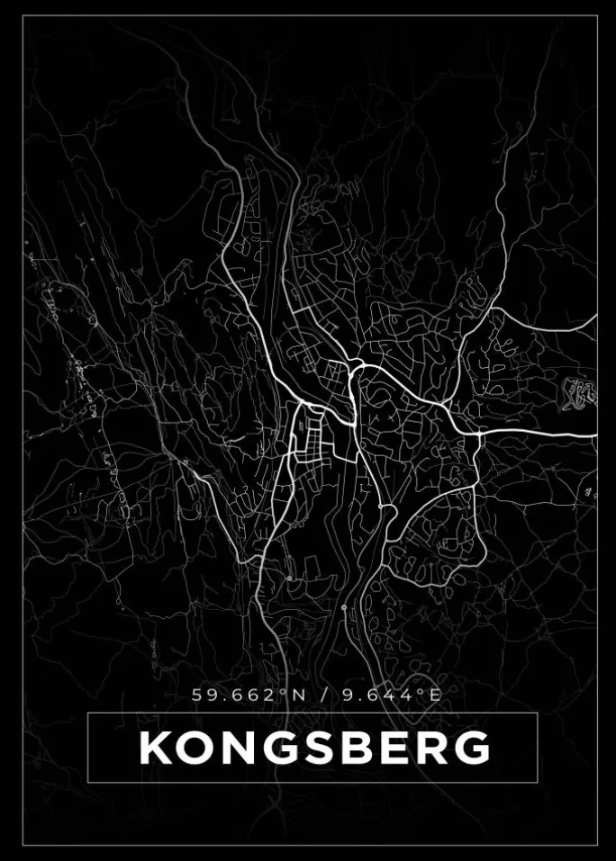 Kort - Kongsberg - Sort Plakat (21x29.7 cm (A4))