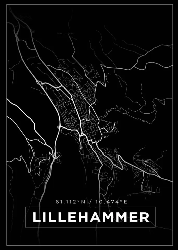 Kort - Lillehammer - Sort Plakat (21x29.7 cm (A4))