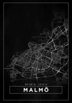 Kort - Malmø - Sort Plakat (21x29.7 cm (A4))