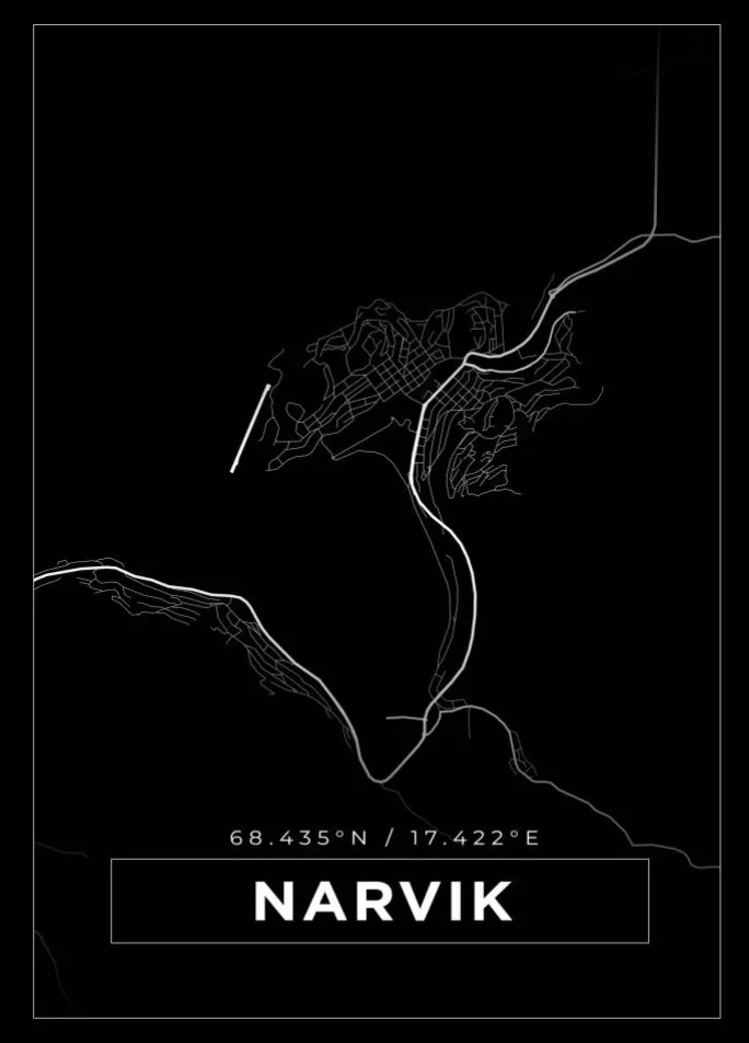 Kort - Narvik - Sort Plakat (21x29.7 cm (A4))
