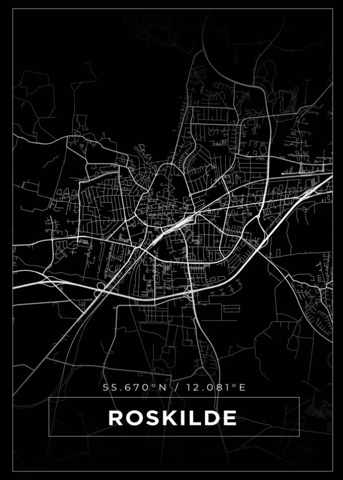 Kort - Roskilde - Sort Plakat (21x29.7 cm (A4))