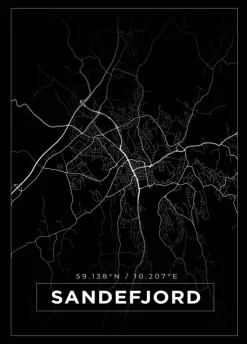 Kort - Sandefjord - Sort Plakat (21x29.7 cm (A4))