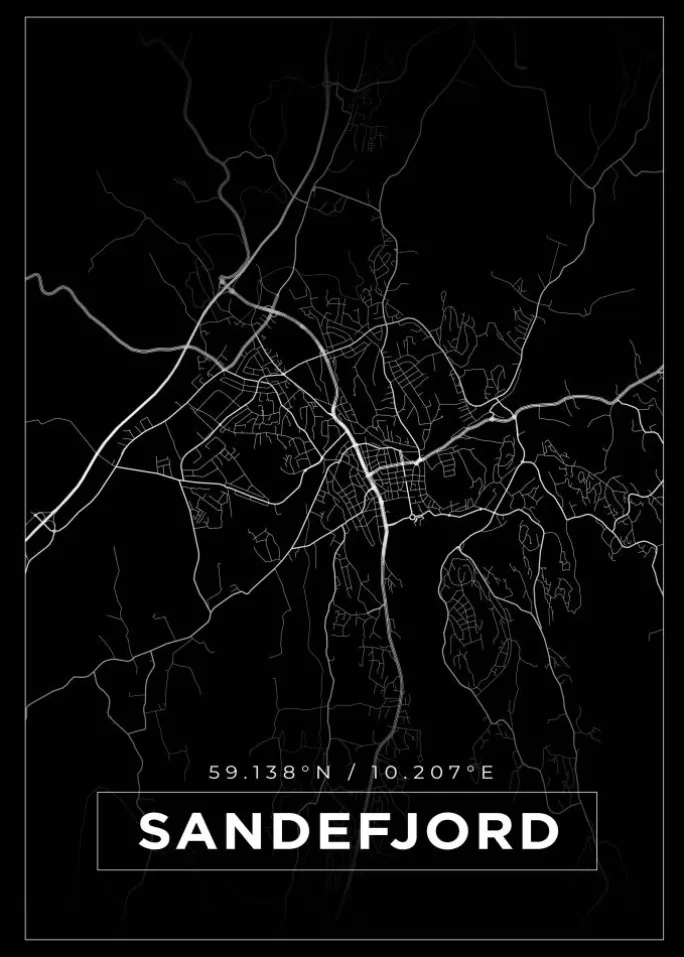 Kort - Sandefjord - Sort Plakat (21x29.7 cm (A4))