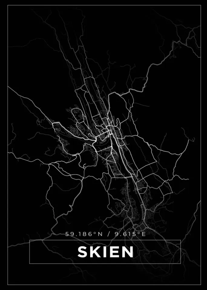 Kort - Skien - Sort Plakat (21x29.7 cm (A4))