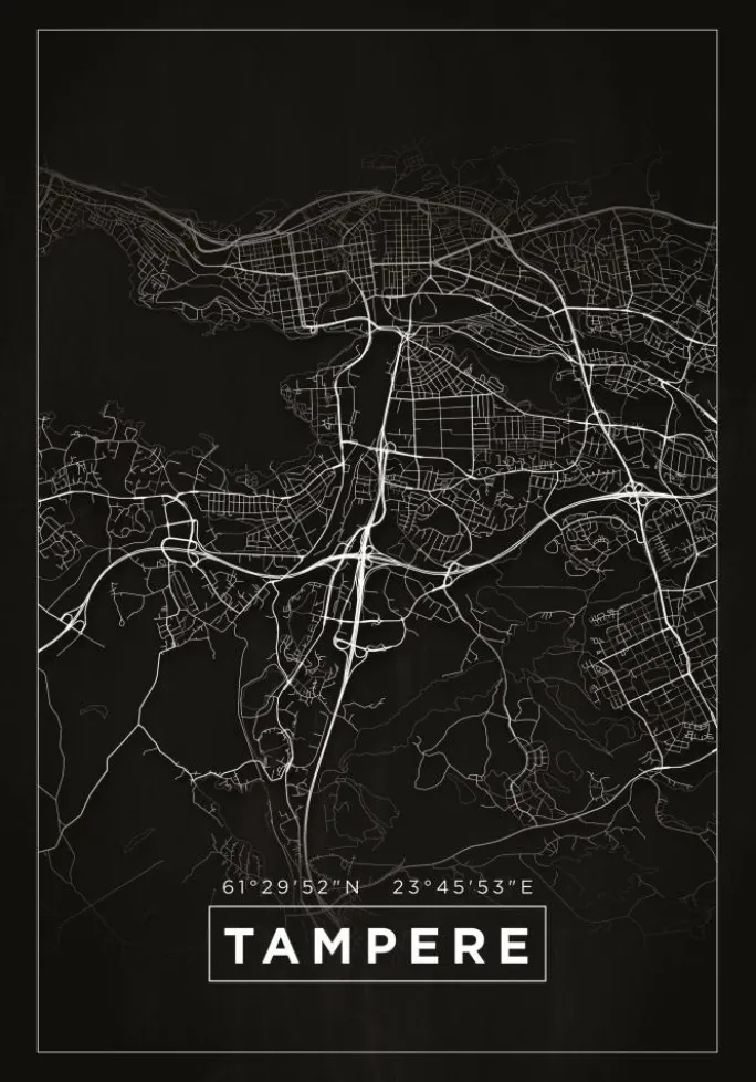Kort - Tampere - Sort Plakat (21x29.7 cm (A4))