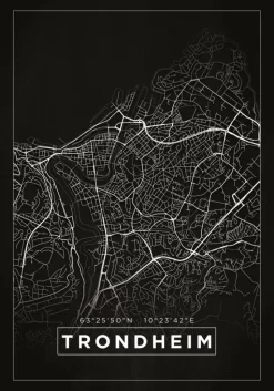 Kort - Trondheim - Sort Plakat (21x29.7 cm (A4))