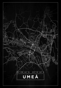 Kort - Umeå - Sort Plakat (21x29.7 cm (A4))