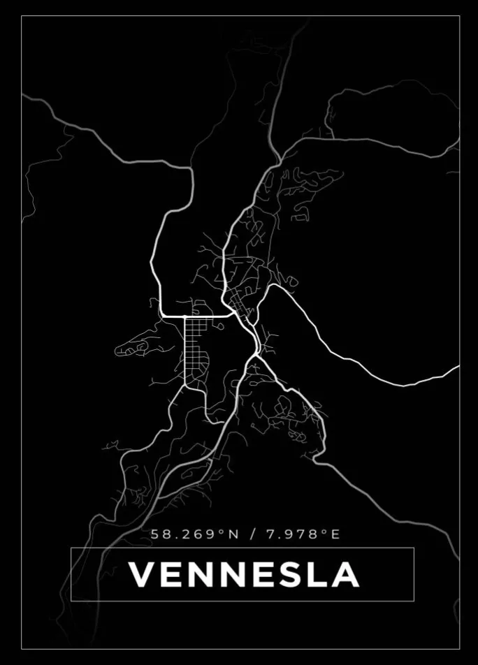 Kort - Vennesla - Sort Plakat (21x29.7 cm (A4))