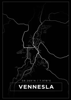 Kort - Vennesla - Sort Plakat (21x29.7 cm (A4))