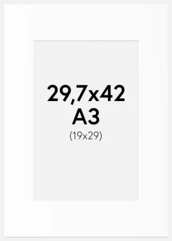 Passepartout Hvid Standard (Hvid kerne) A3 29,7x42 cm (19x29)