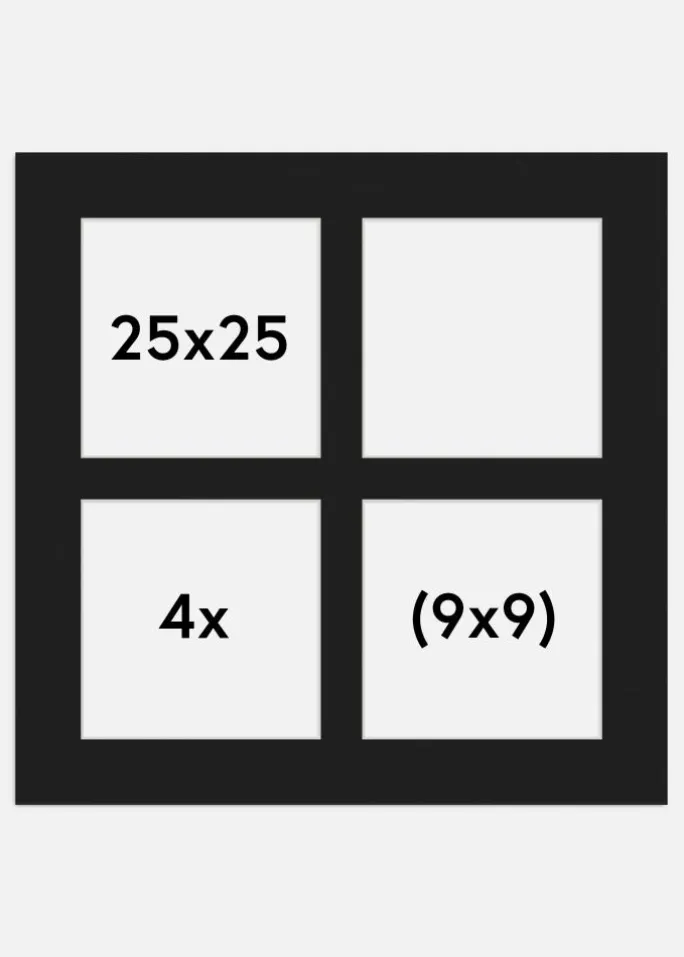 Passepartout Sort 25x25 cm - Collage 4 Billeder (9x9 cm)