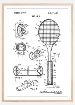 Patent Print - Tennis Racket - White Plakat (21x29.7 cm (A4))