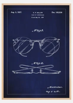 Patenttegning - Briller A - Blå Plakat (21x29.7 cm (A4))