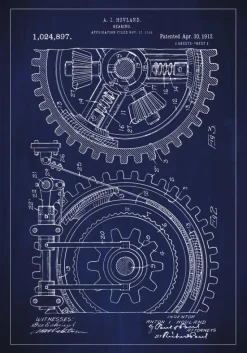 Patenttegning - Gear - Blå Plakat (21x29.7 cm (A4))