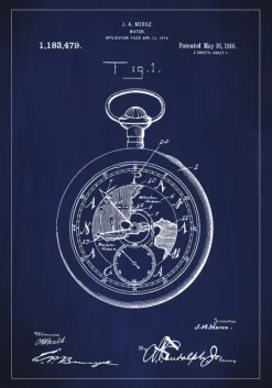 Patenttegning - Lommeur - Blå Plakat (21x29.7 cm (A4))