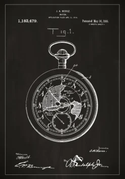 Patenttegning - Lommeur - Sort Plakat (21x29.7 cm (A4))
