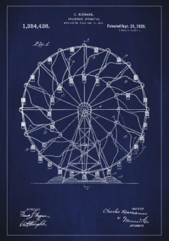 Patenttegning - Pariserhjul - Blå Plakat (21x29.7 cm (A4))