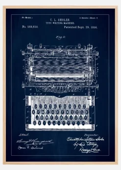 Patenttegning - Skrivemaskine - Blå Plakat (21x29.7 cm (A4))