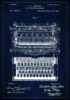 Patenttegning - Skrivemaskine - Blå Plakat (21x29.7 cm (A4))