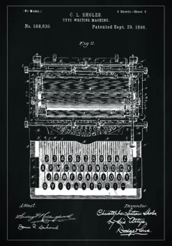 Patenttegning - Skrivemaskine - Sort Plakat (21x29.7 cm (A4))
