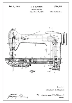 Patenttegning - Symaskine I Plakat (21x29.7 cm (A4))