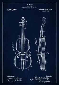 Patenttegning - Violin - Blå Plakat (21x29.7 cm (A4))