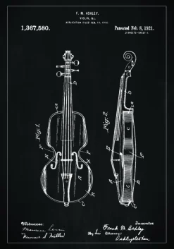 Patenttegning - Violin - Sort Plakat (21x29.7 cm (A4))