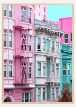 Pink and Blue Row Houses in San Francisco Plakat (21x29.7 cm (A4))
