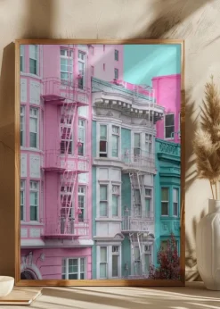 Pink and Blue Row Houses in San Francisco Plakat (21x29.7 cm (A4))