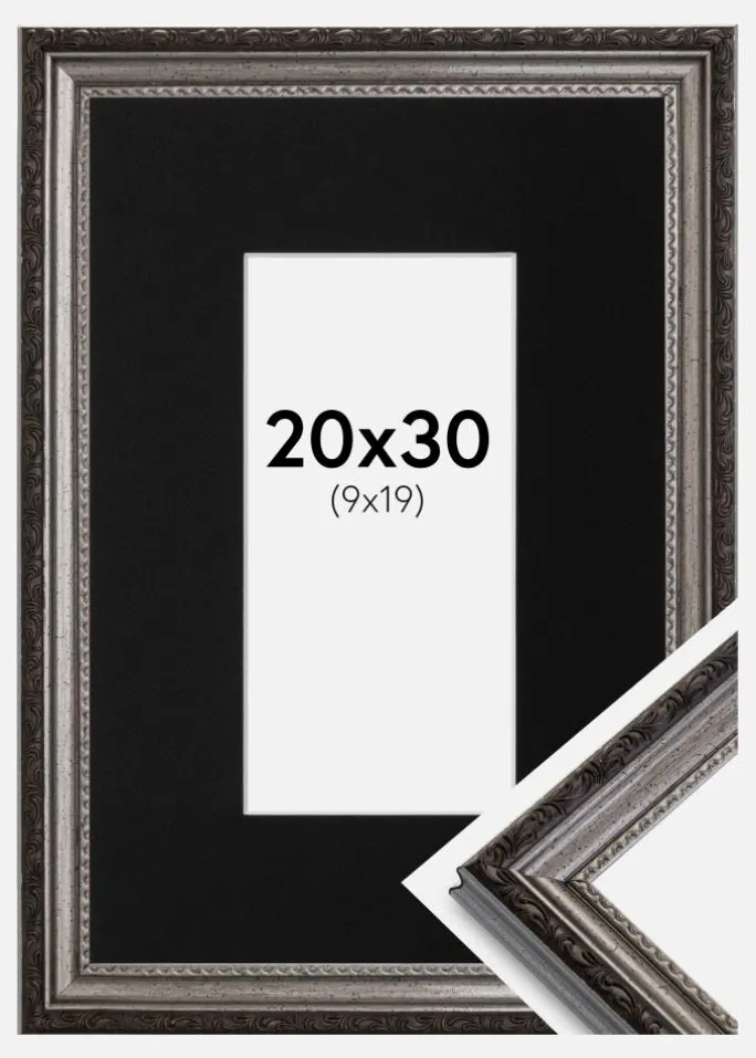 Ramme Abisko Sølv 20x30 cm - Passepartout Sort 10x20 cm