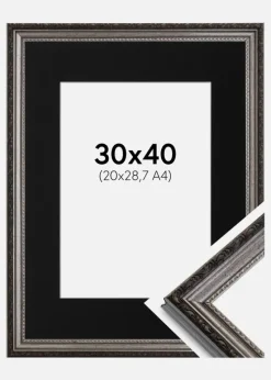Ramme Abisko Sølv 30x40 cm - Passepartout Sort 21x29,7 cm (A4)